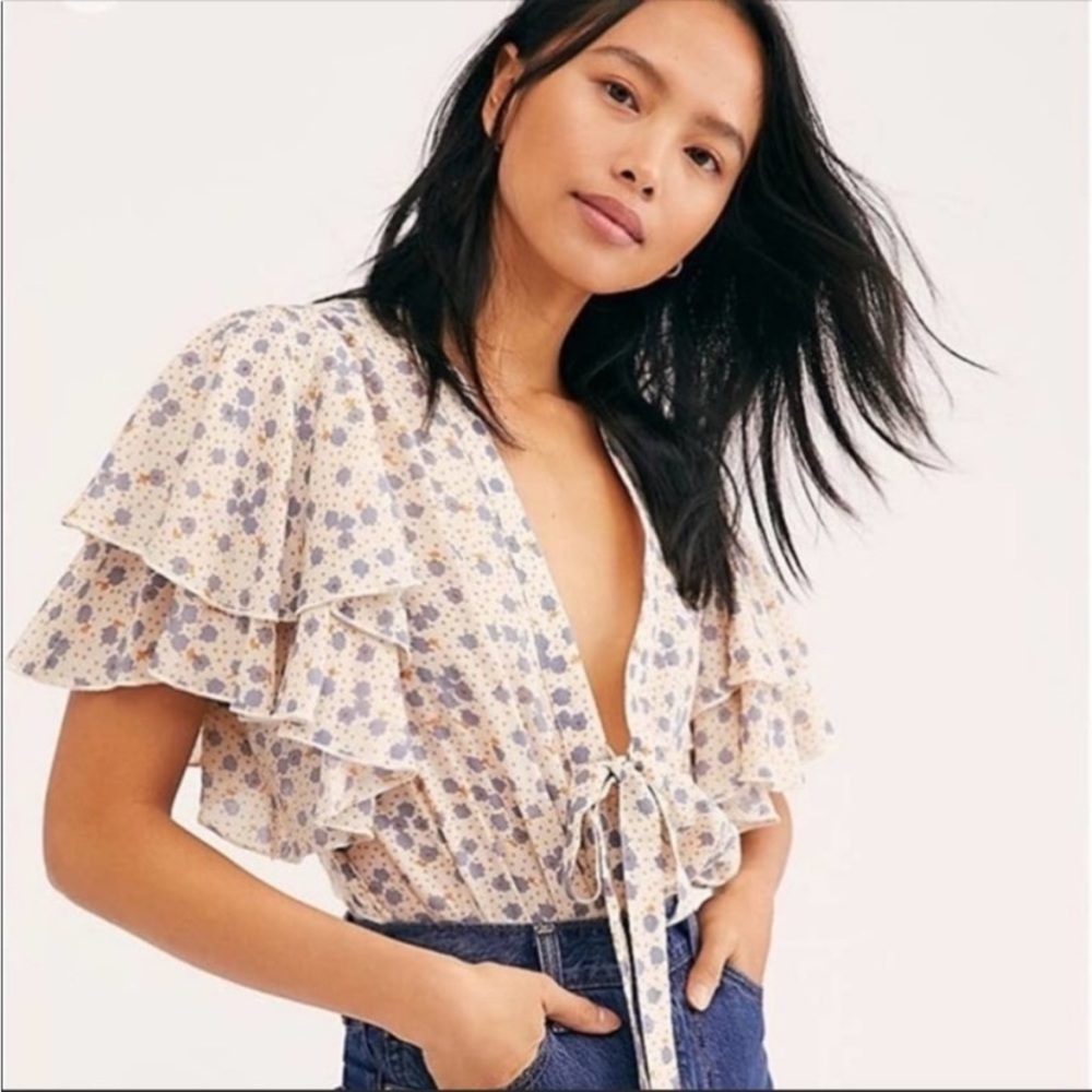 Free People Call Me Later V Neck Flutter Bodysuit, Size Medium